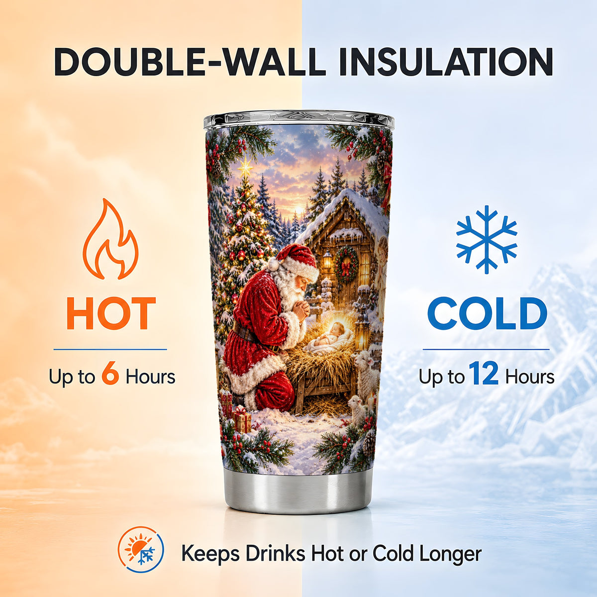 Snowy Santa Tumbler 20oz, Christmas Tumbler, Stainless Steel Travel Cup