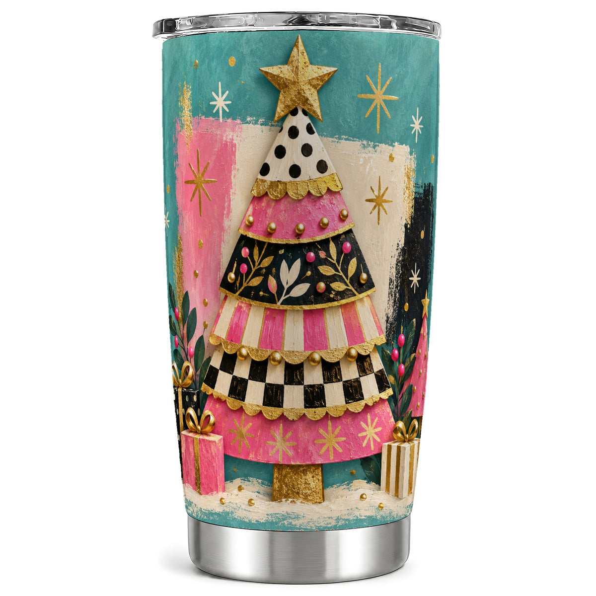 Pink Tree Tumbler 20oz, Festive Tumbler, Stainless Steel Travel Cup