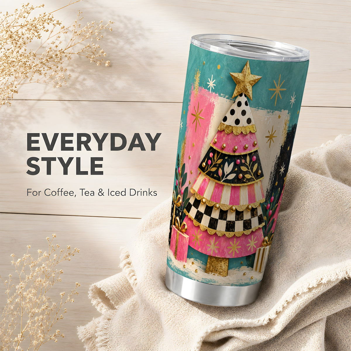 Pink Tree Tumbler 20oz, Festive Tumbler, Stainless Steel Travel Cup