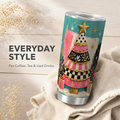 Pink Tree Tumbler 20oz, Festive Tumbler, Stainless Steel Travel Cup