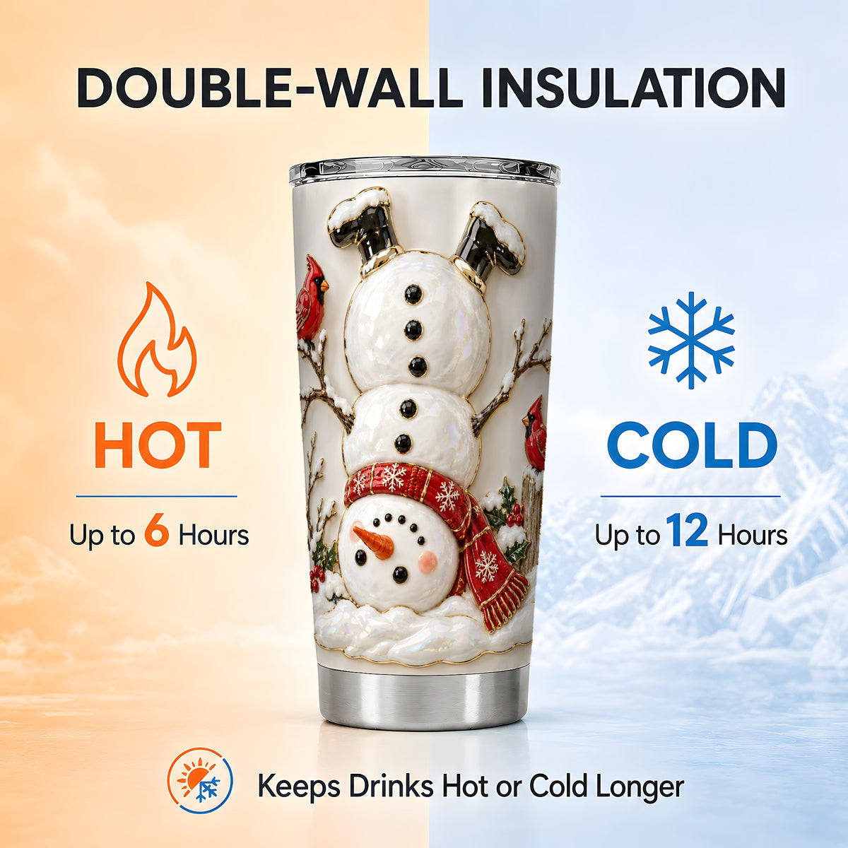 Snowman Tumbler 20oz, Cardinal Tumbler, Stainless Steel Travel Cup