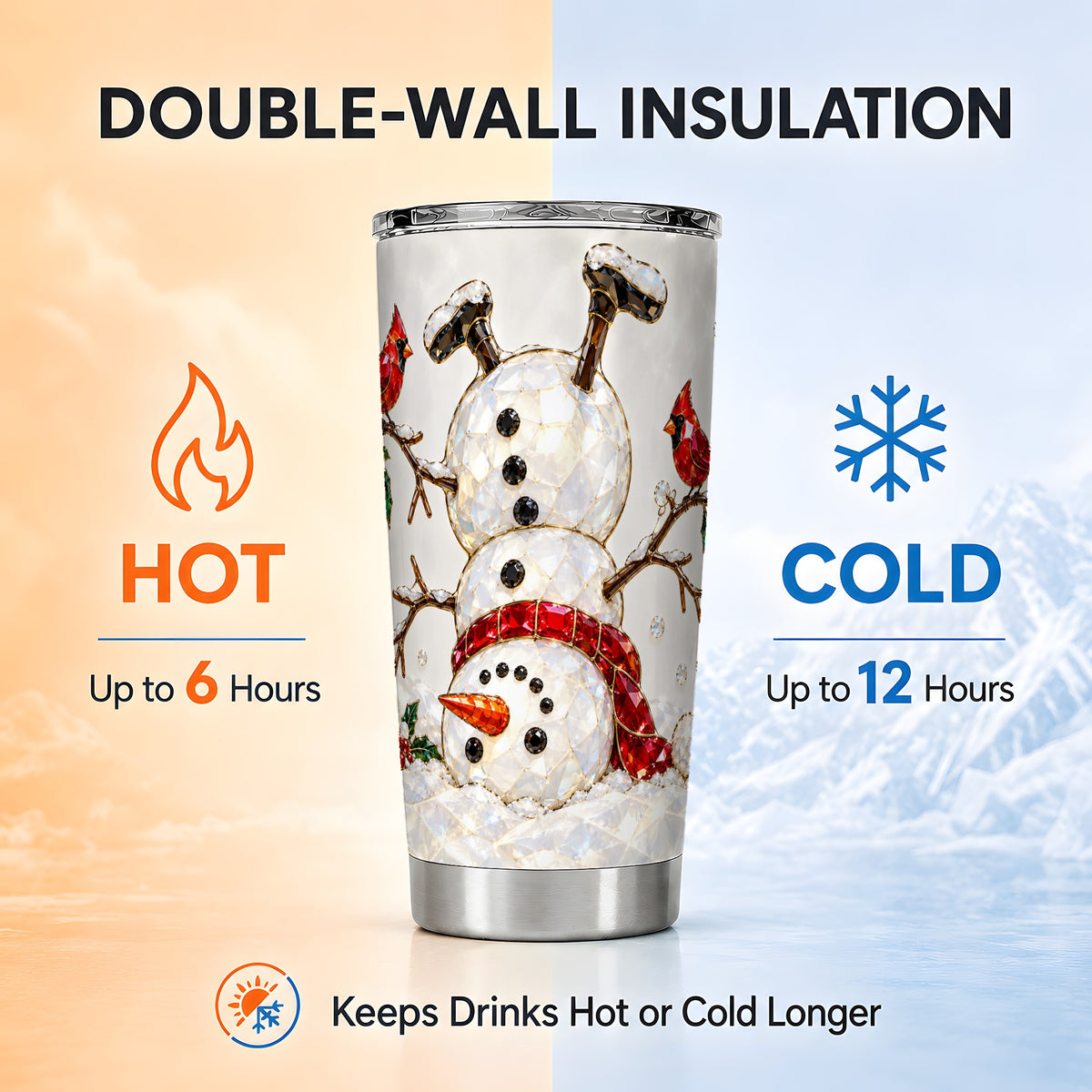 Sparkling Snowman Tumbler 20oz, Cardinal Tumbler, Stainless Steel Travel Cup