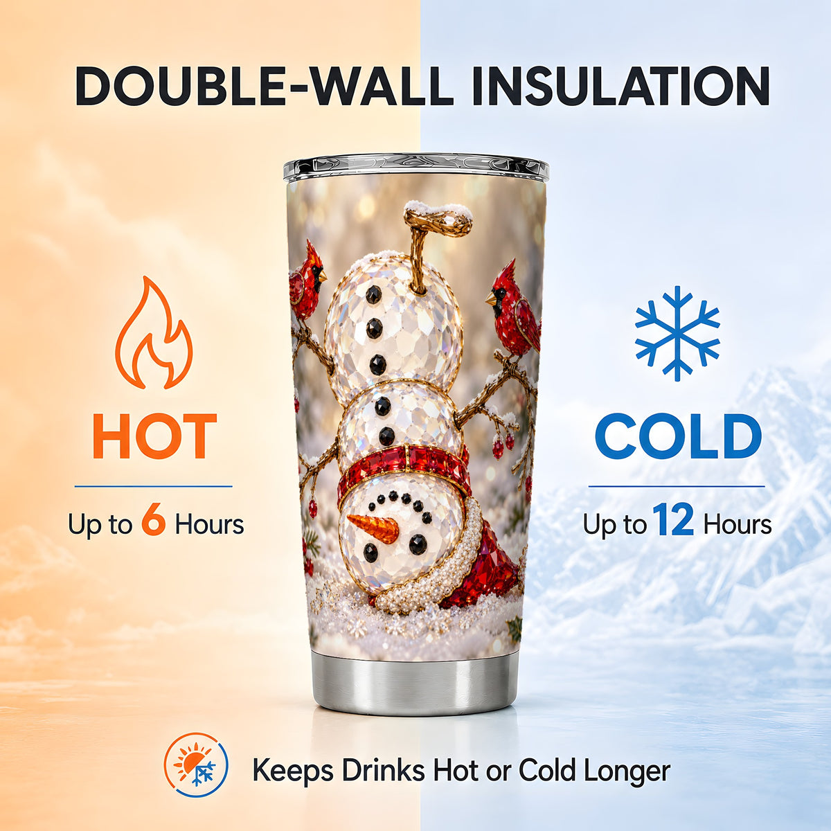 Snowman Tumbler 20oz, Red Cardinal Tumbler, Stainless Steel Travel Cup