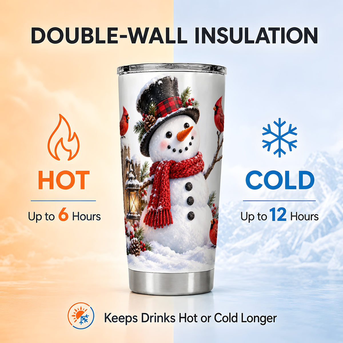 Snowman Tumbler 20oz, Cardinal Tumbler, Stainless Steel Travel Cup