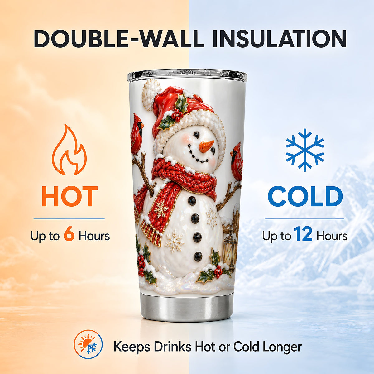 Holiday Snowman Tumbler 20oz, Cardinal Tumbler, Stainless Steel Travel Cup