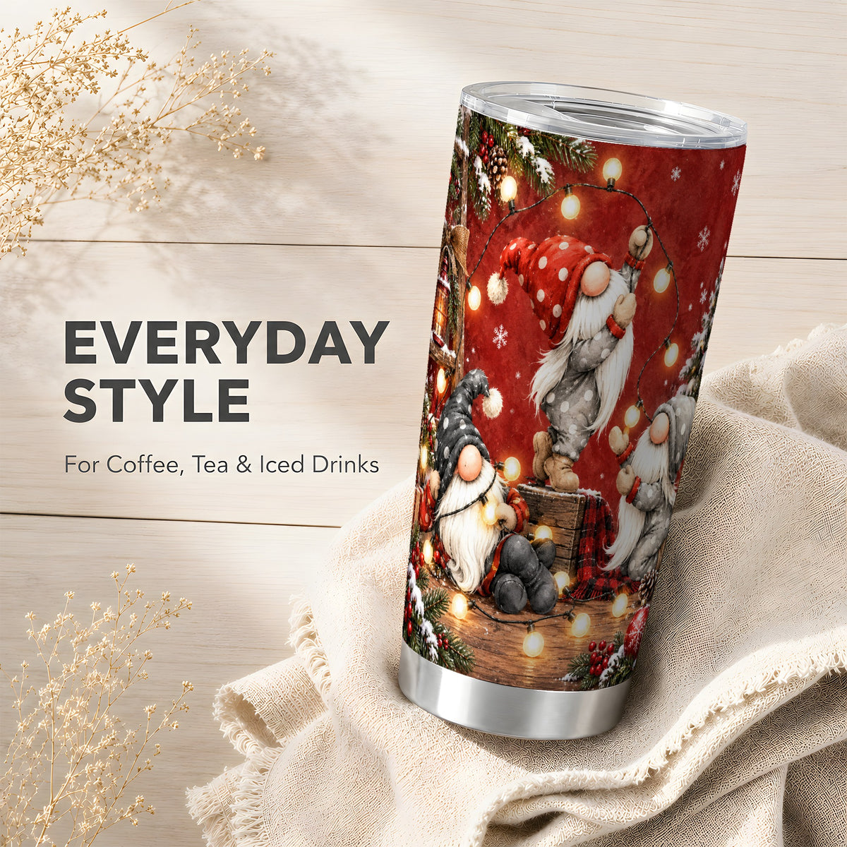 Gnome Lights Tumbler 20oz, Holiday Tumbler, Stainless Steel Travel Cup