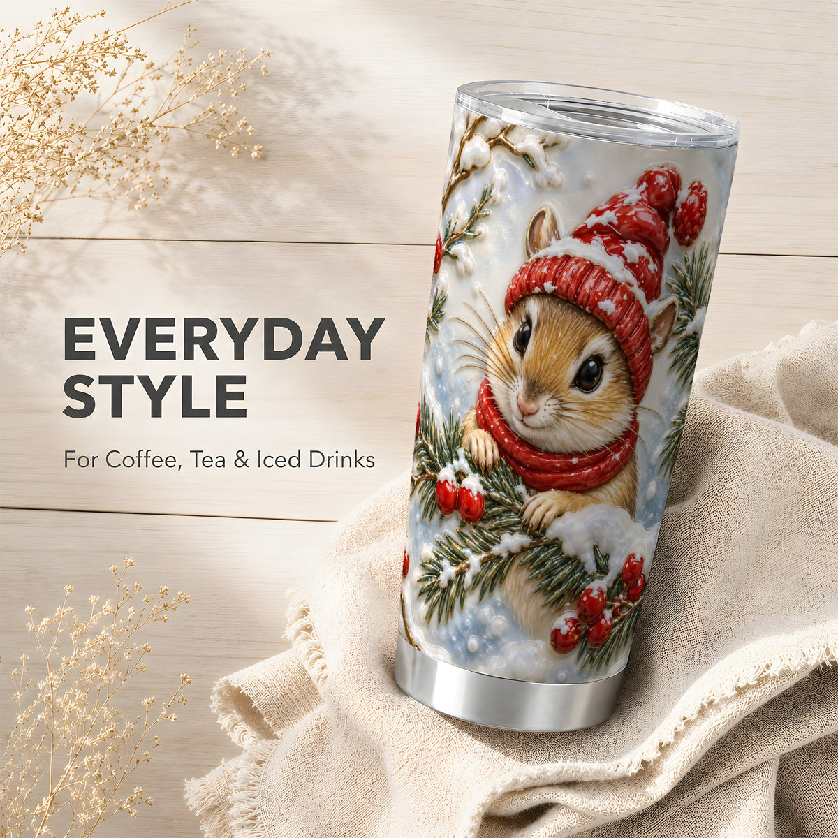 Winter Mouse Tumbler 20oz, Woodland Tumbler, Stainless Steel Travel Cup