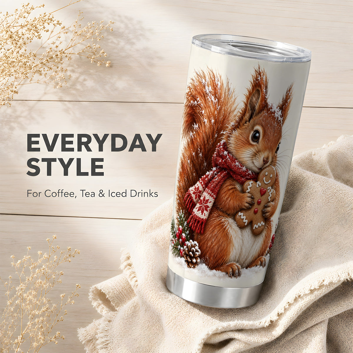 Snowy Squirrel Tumbler 20oz, Cookie Tumbler, Stainless Steel Travel Cup