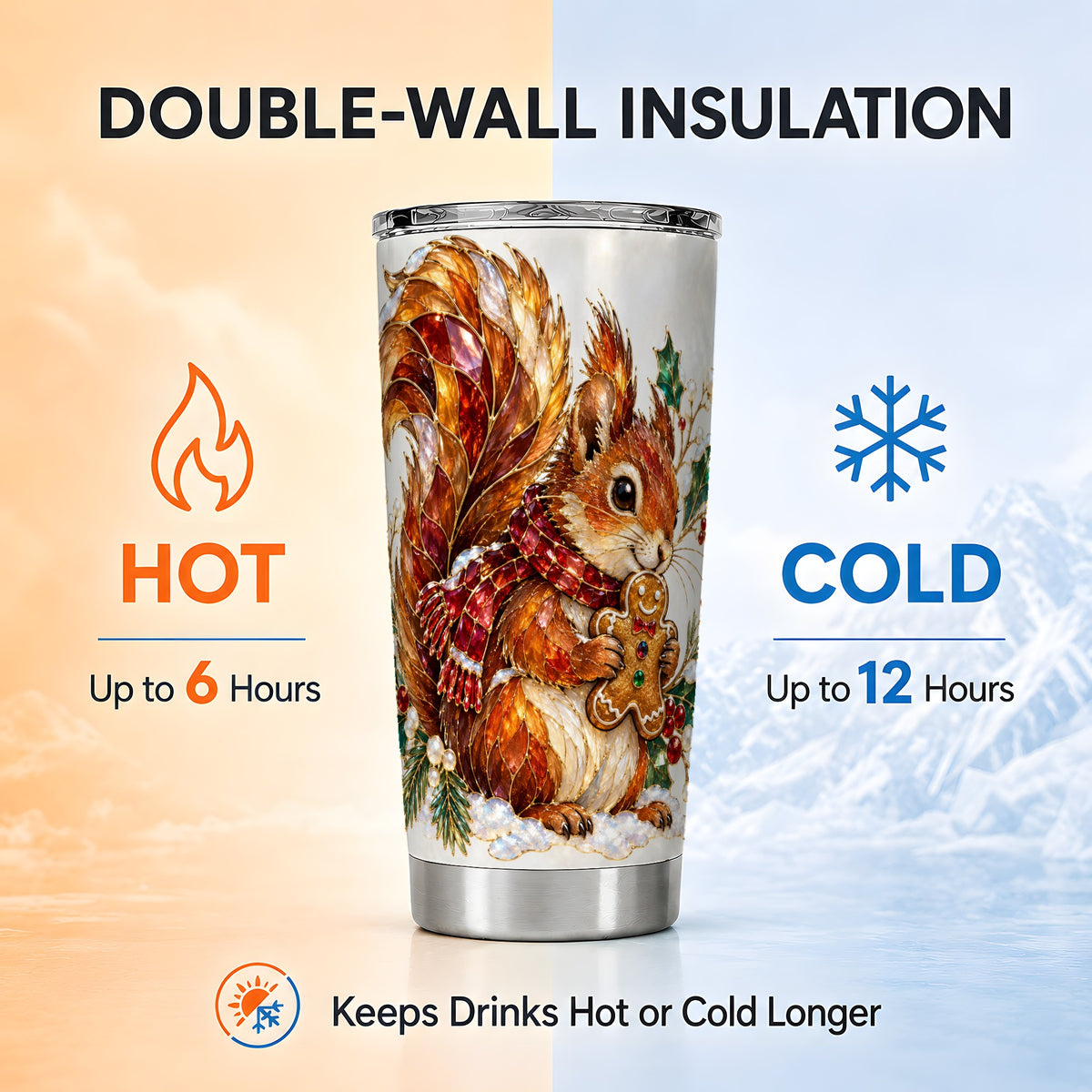 Glass Squirrel Tumbler 20oz, Winter Tumbler, Stainless Steel Travel Cup