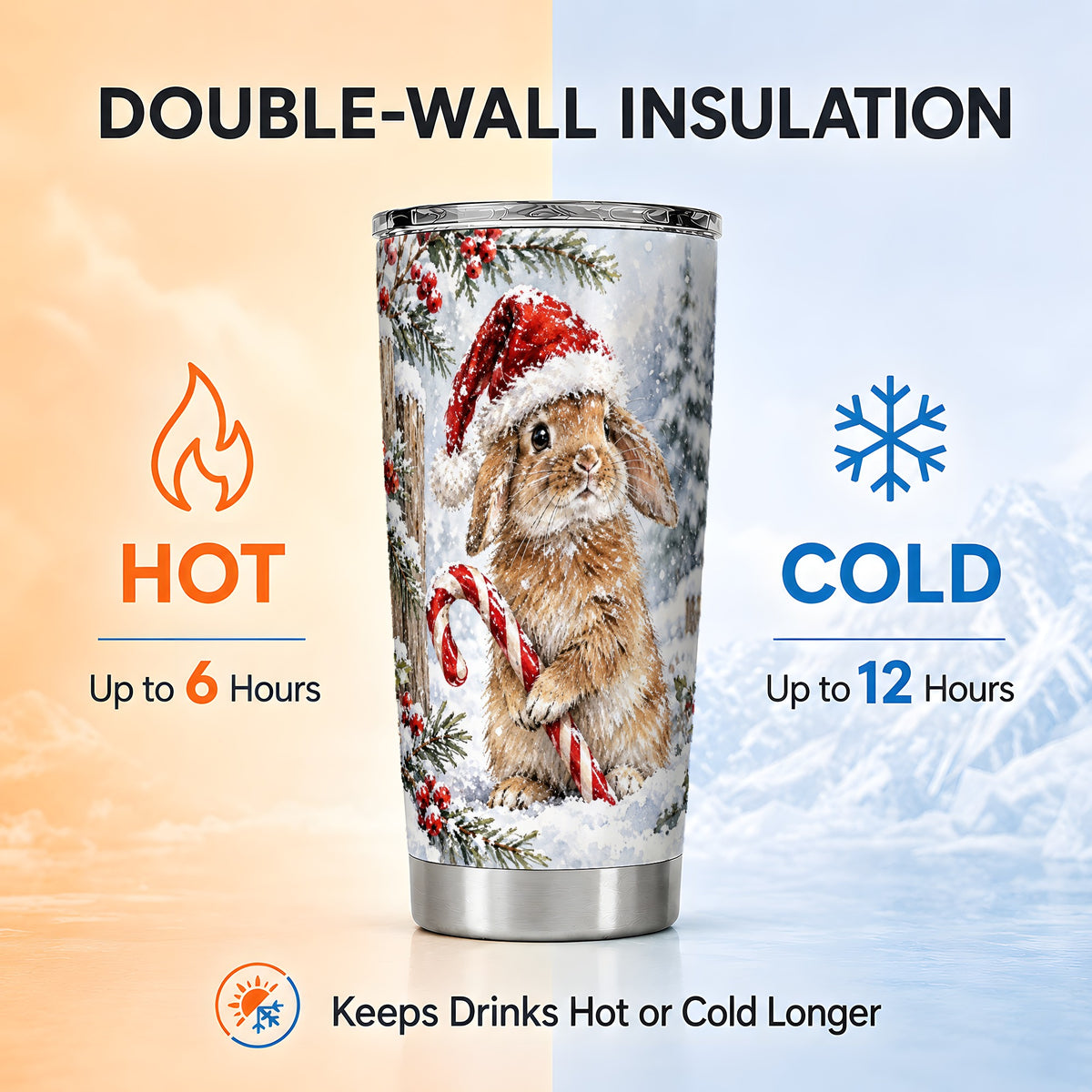 Winter Bunny Tumbler 20oz, Rabbit Tumbler, Stainless Steel Travel Cup