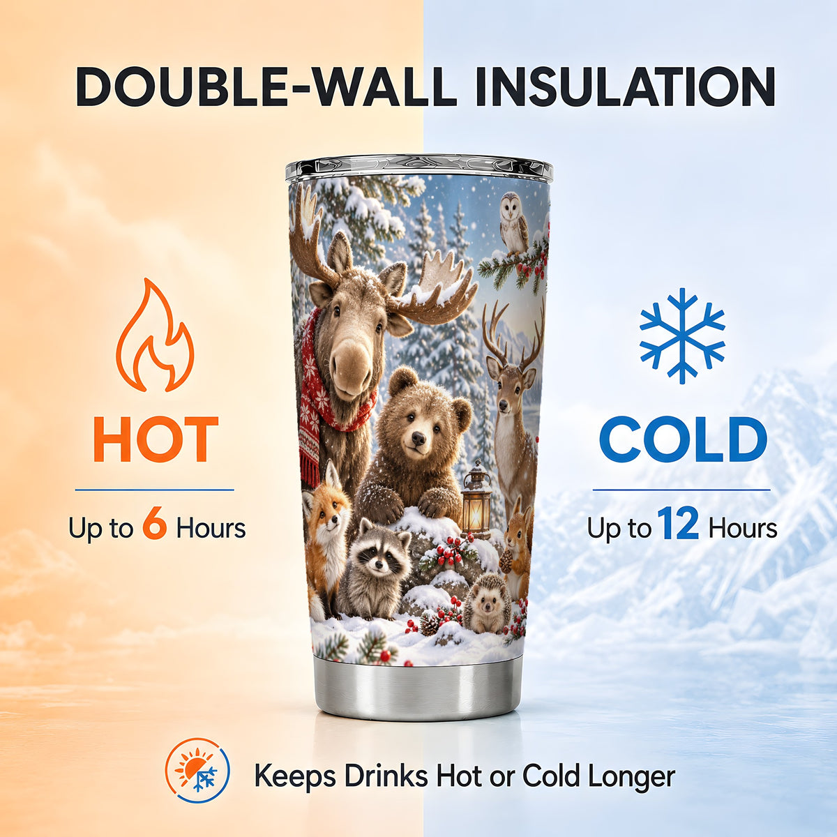 Forest Animals Tumbler 20oz, Winter Tumbler, Stainless Steel Travel Cup
