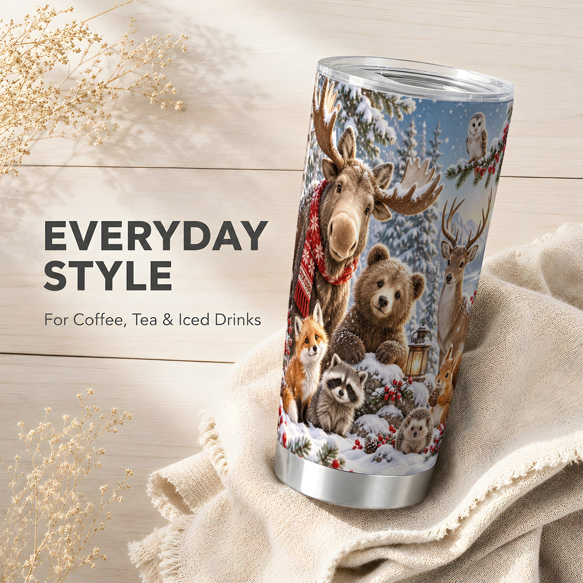 Forest Animals Tumbler 20oz, Winter Tumbler, Stainless Steel Travel Cup