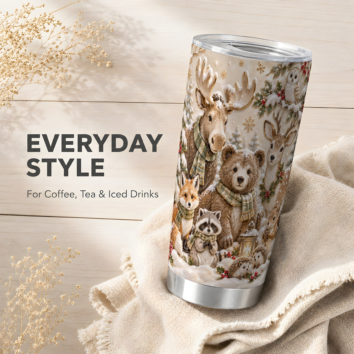 Woodland Tumbler 20oz, Winter Animals Tumbler, Stainless Steel Travel Cup