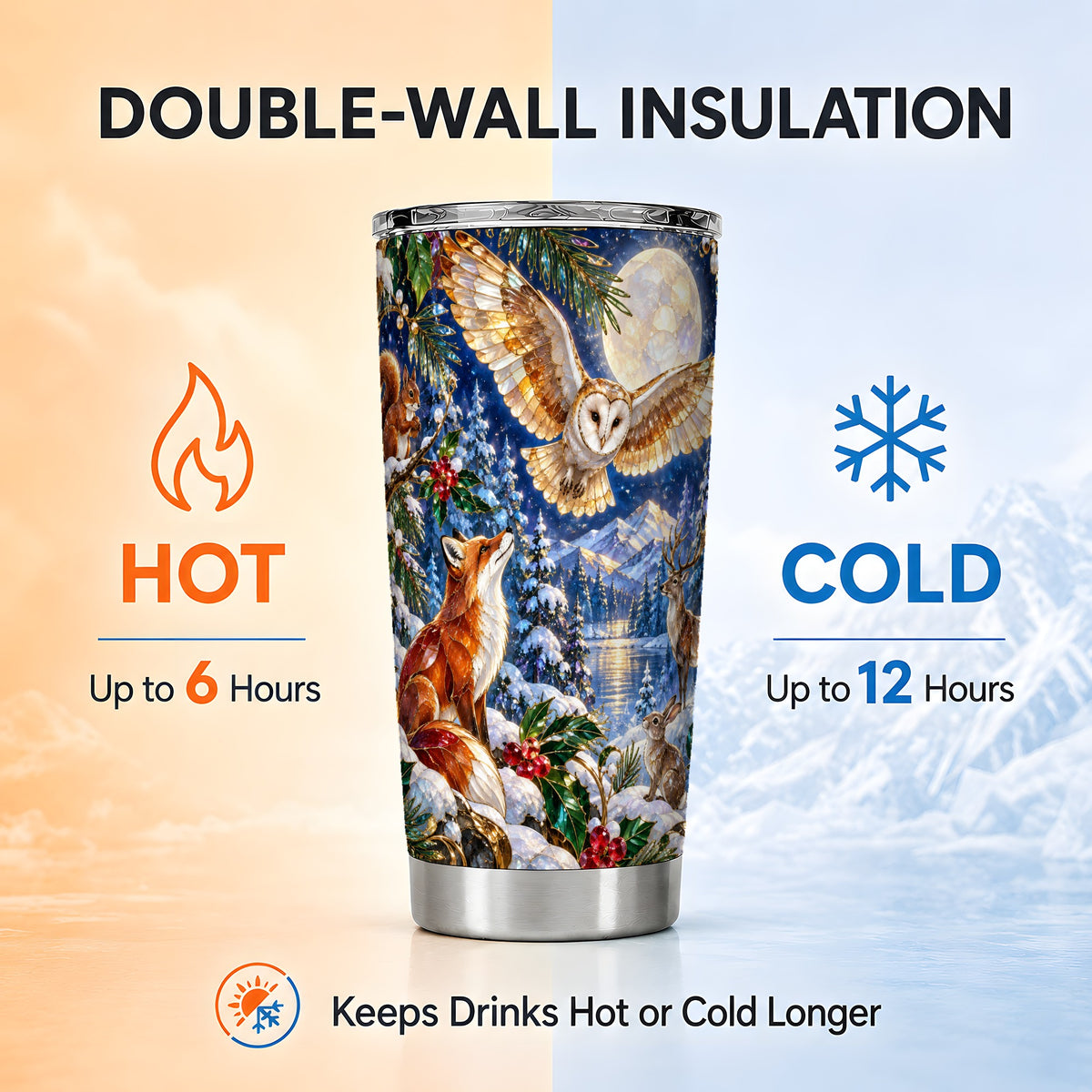 Stained Glass Tumbler 20oz, Winter Animals, Stainless Steel Travel Cup
