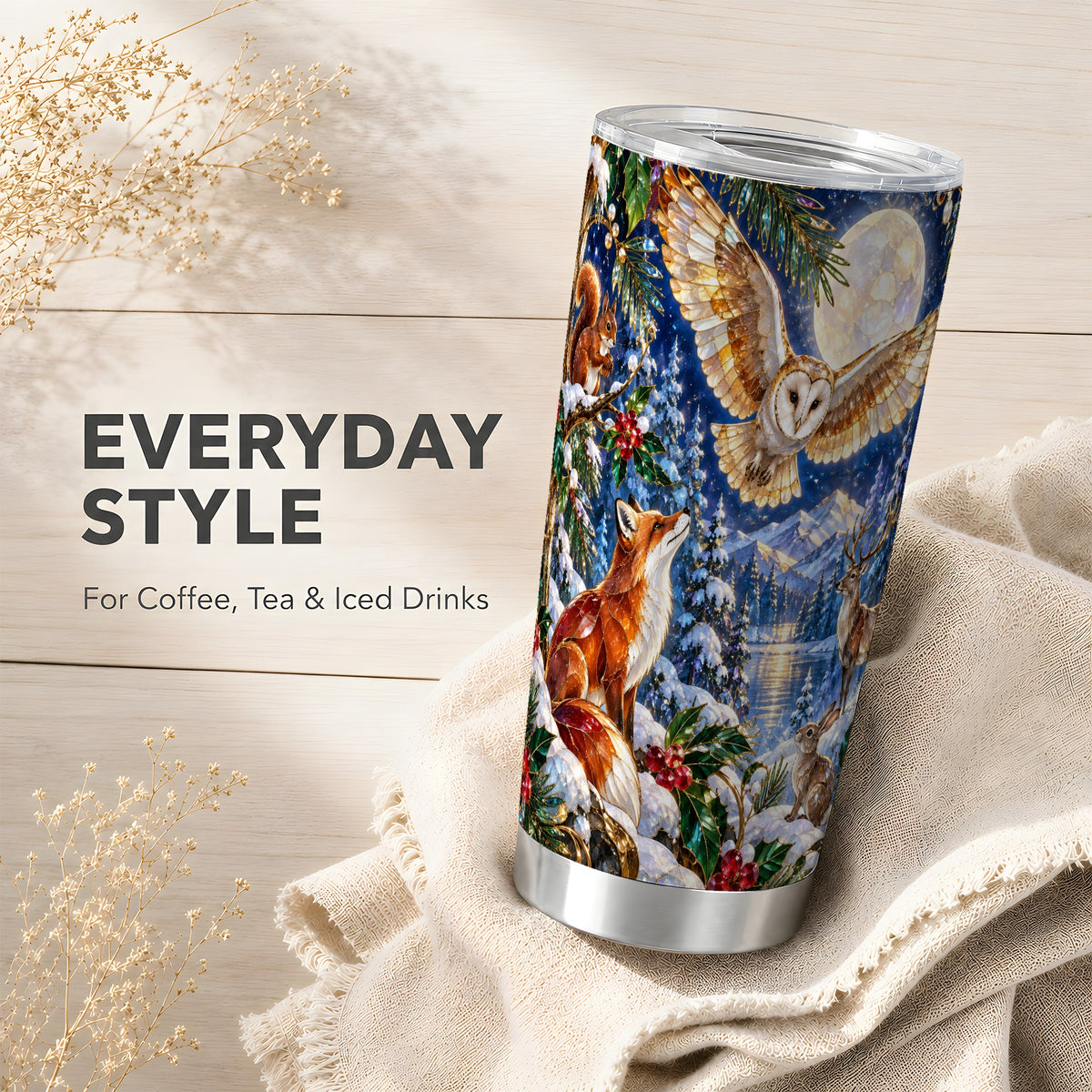 Stained Glass Tumbler 20oz, Winter Animals, Stainless Steel Travel Cup