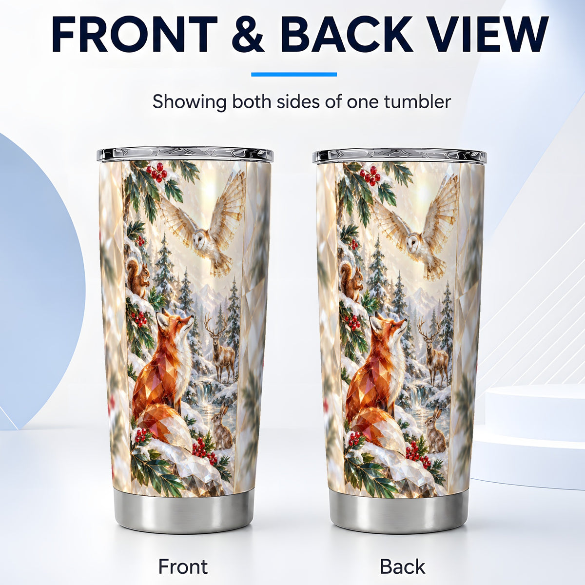 #pl[20oz|Steel] Crystal Fox Tumbler 20oz, Winter Animals, Stainless Steel Travel Cup