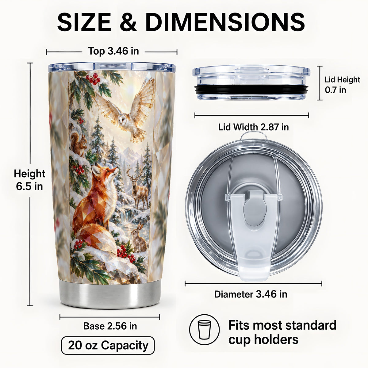 #pl[20oz|Steel] Crystal Fox Tumbler 20oz, Winter Animals, Stainless Steel Travel Cup