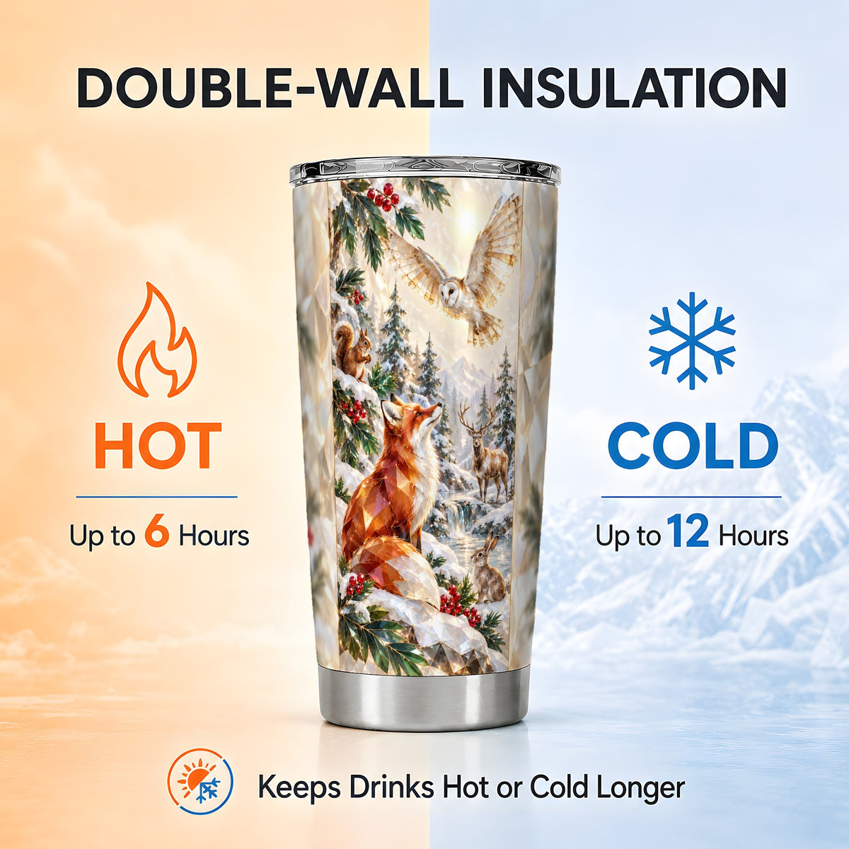 Crystal Fox Tumbler 20oz, Winter Animals, Stainless Steel Travel Cup