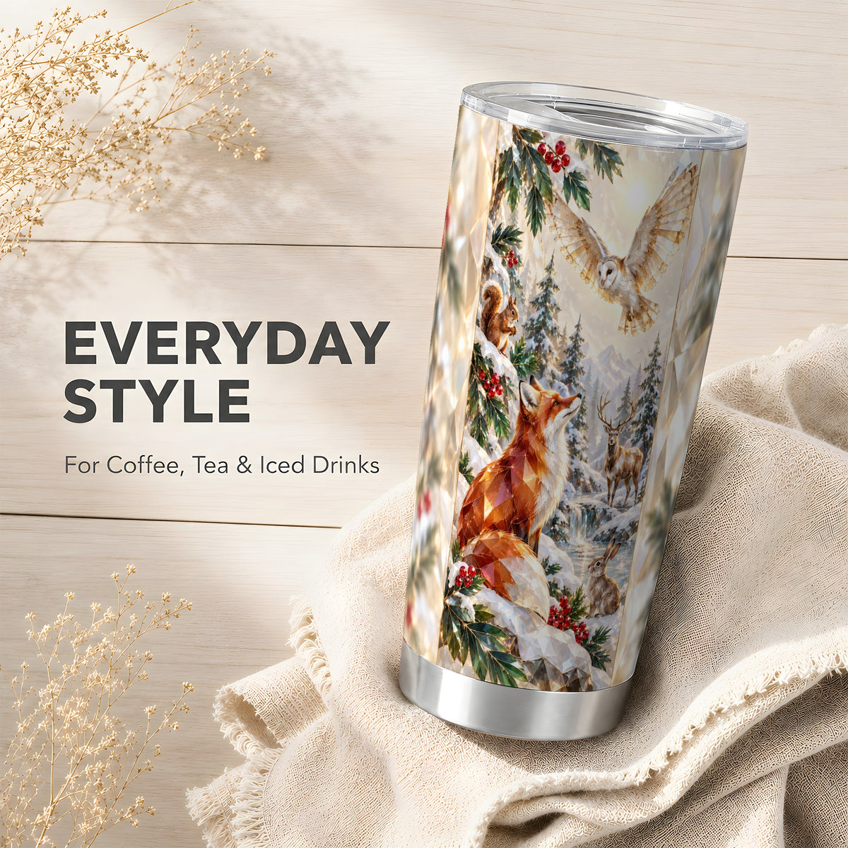 Crystal Fox Tumbler 20oz, Winter Animals, Stainless Steel Travel Cup