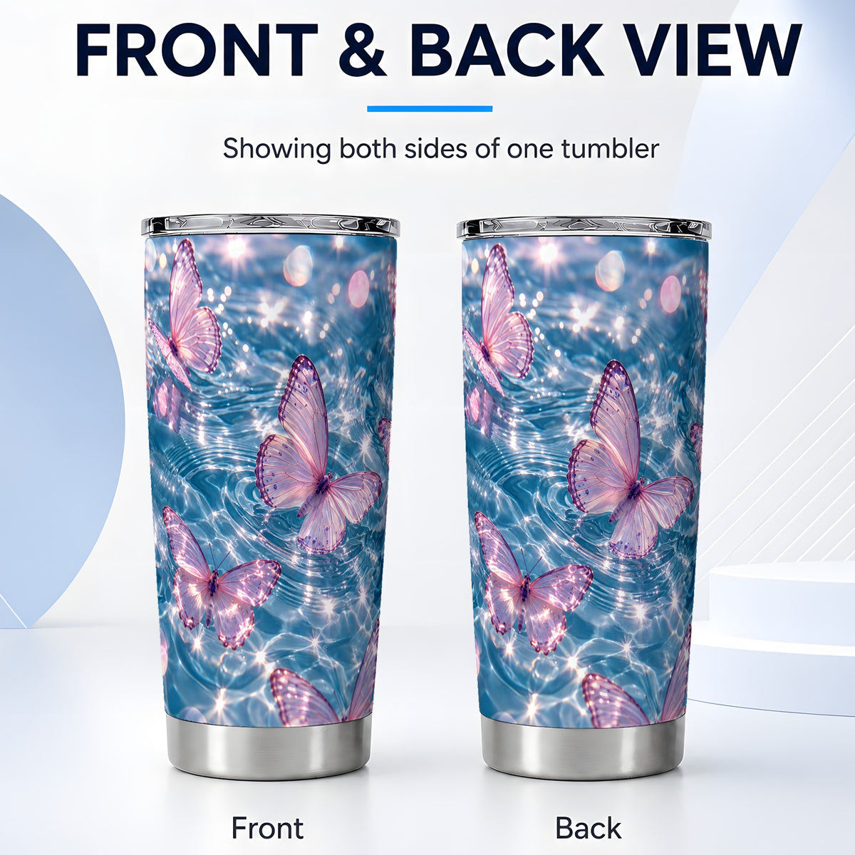 #pl[20oz|Steel] Pink Butterfly Tumbler 20oz, Water Tumbler, Stainless Steel Travel Cup