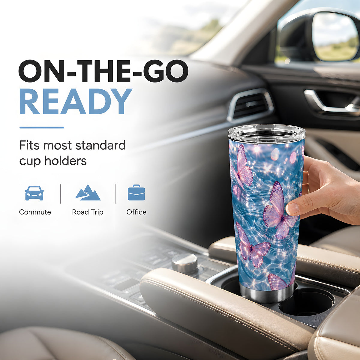 Pink Butterfly Tumbler 20oz, Water Tumbler, Stainless Steel Travel Cup