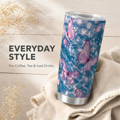 Pink Butterfly Tumbler 20oz, Water Tumbler, Stainless Steel Travel Cup