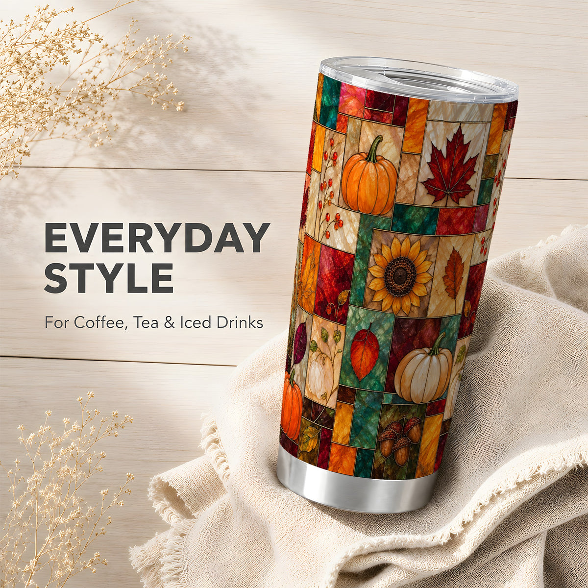 Autumn Tumbler 20oz, Pumpkin Leaf Tumbler, Stainless Steel Travel Cup