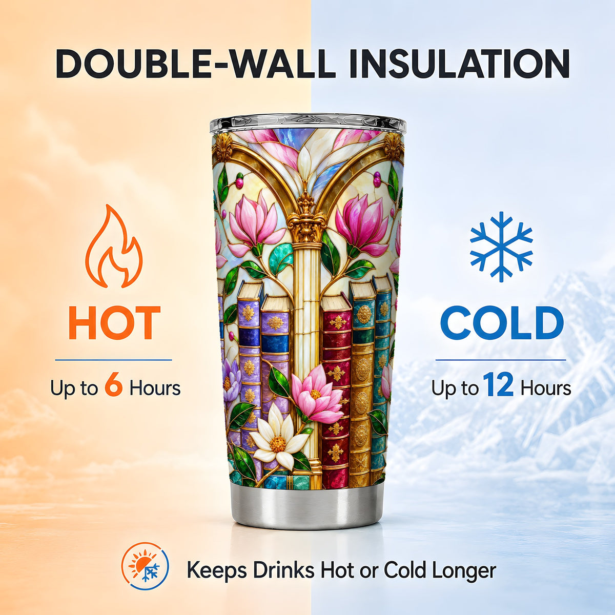 Floral Library Tumbler 20oz, Book Tumbler, Stainless Steel Travel Cup