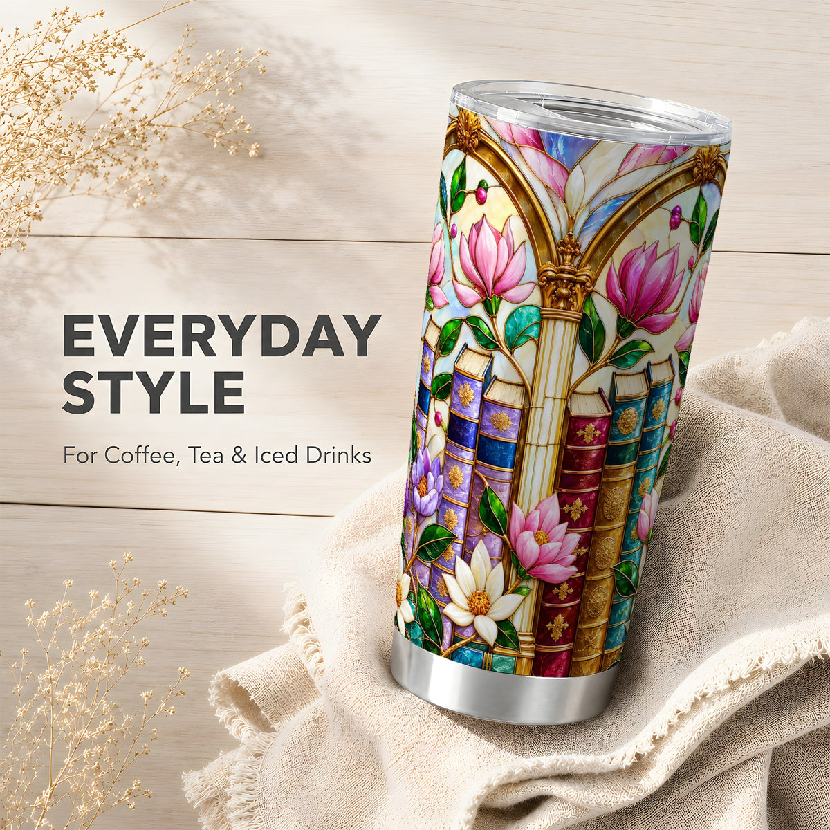 Floral Library Tumbler 20oz, Book Tumbler, Stainless Steel Travel Cup