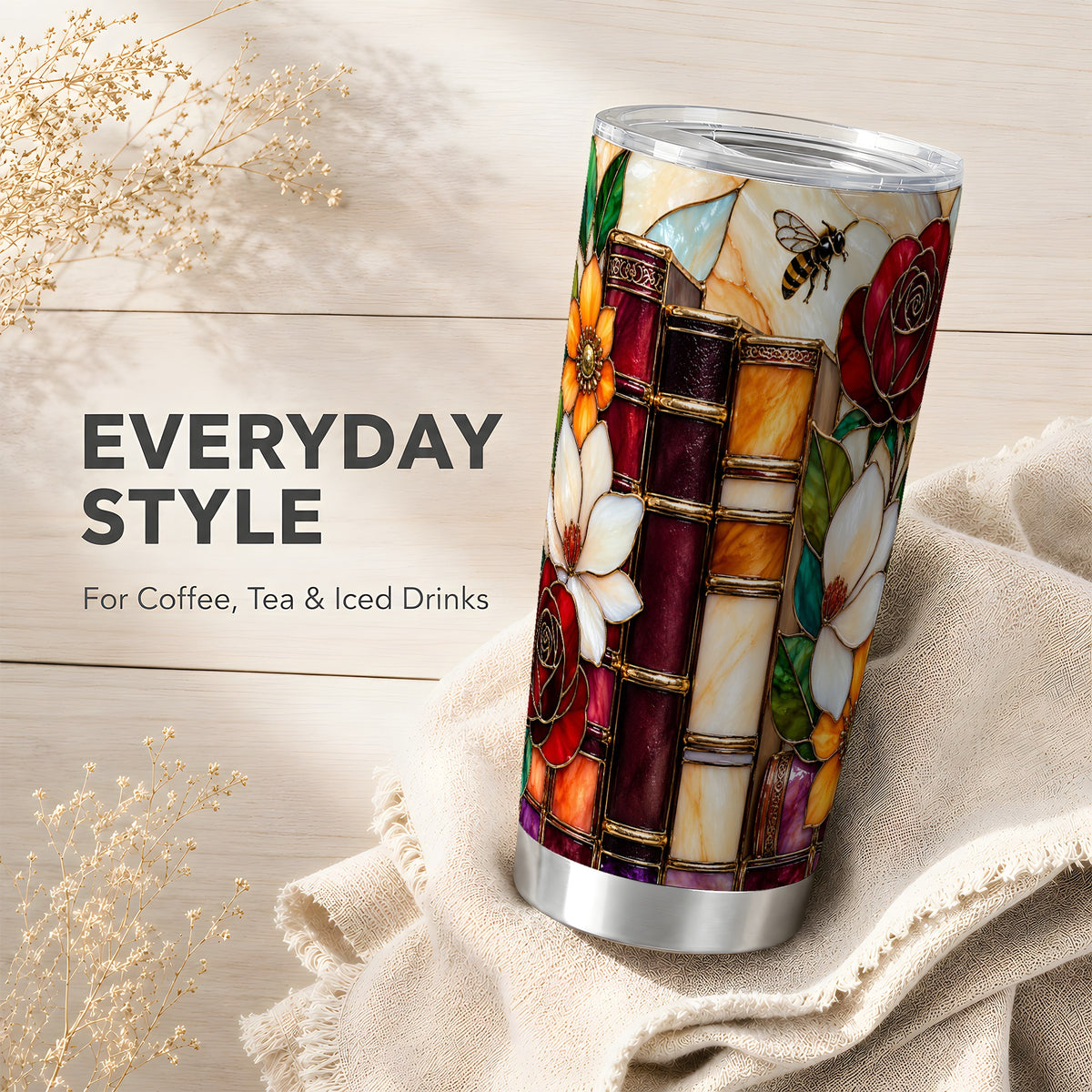 Book Floral Tumbler 20oz, Botanical Tumbler, Stainless Steel Travel Cup