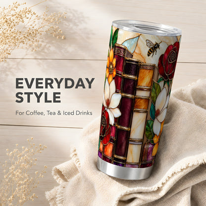 Book Floral Tumbler 20oz, Botanical Tumbler, Stainless Steel Travel Cup