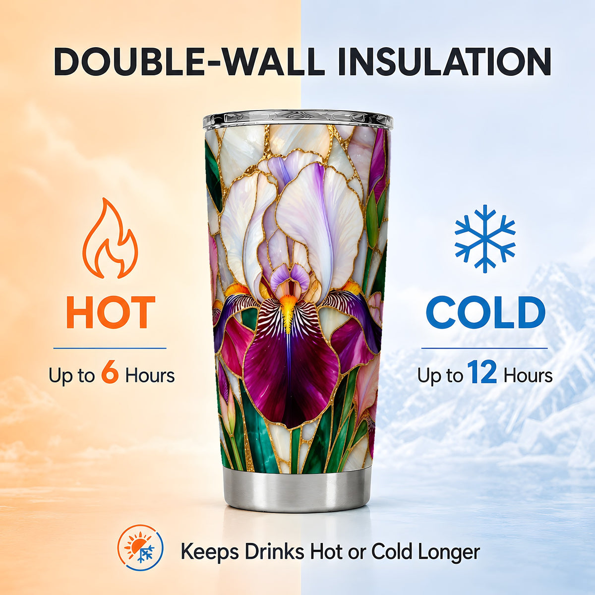 Iris Flower Tumbler 20oz, Floral Tumbler, Stainless Steel Travel Cup