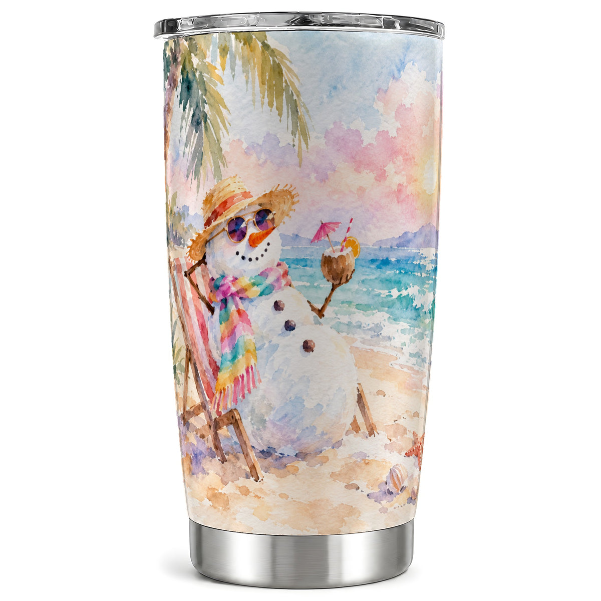 Beach Snowman Tumbler 20oz, Coastal Tumbler, Stainless Steel Travel Cup