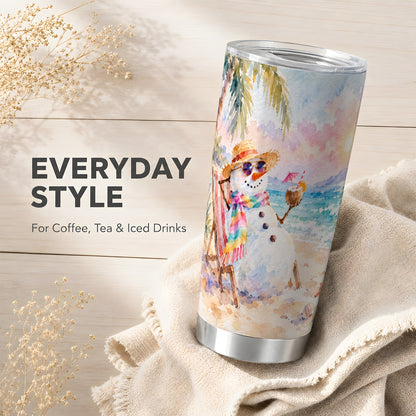 Beach Snowman Tumbler 20oz, Coastal Tumbler, Stainless Steel Travel Cup