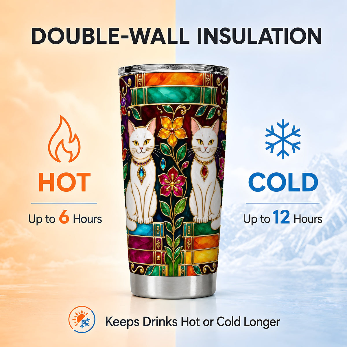 Jeweled White Cats Tumbler 20oz, Cat Tumbler, Stainless Steel Travel Cup