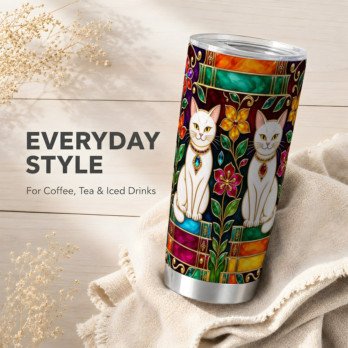 Jeweled White Cats Tumbler 20oz, Cat Tumbler, Stainless Steel Travel Cup