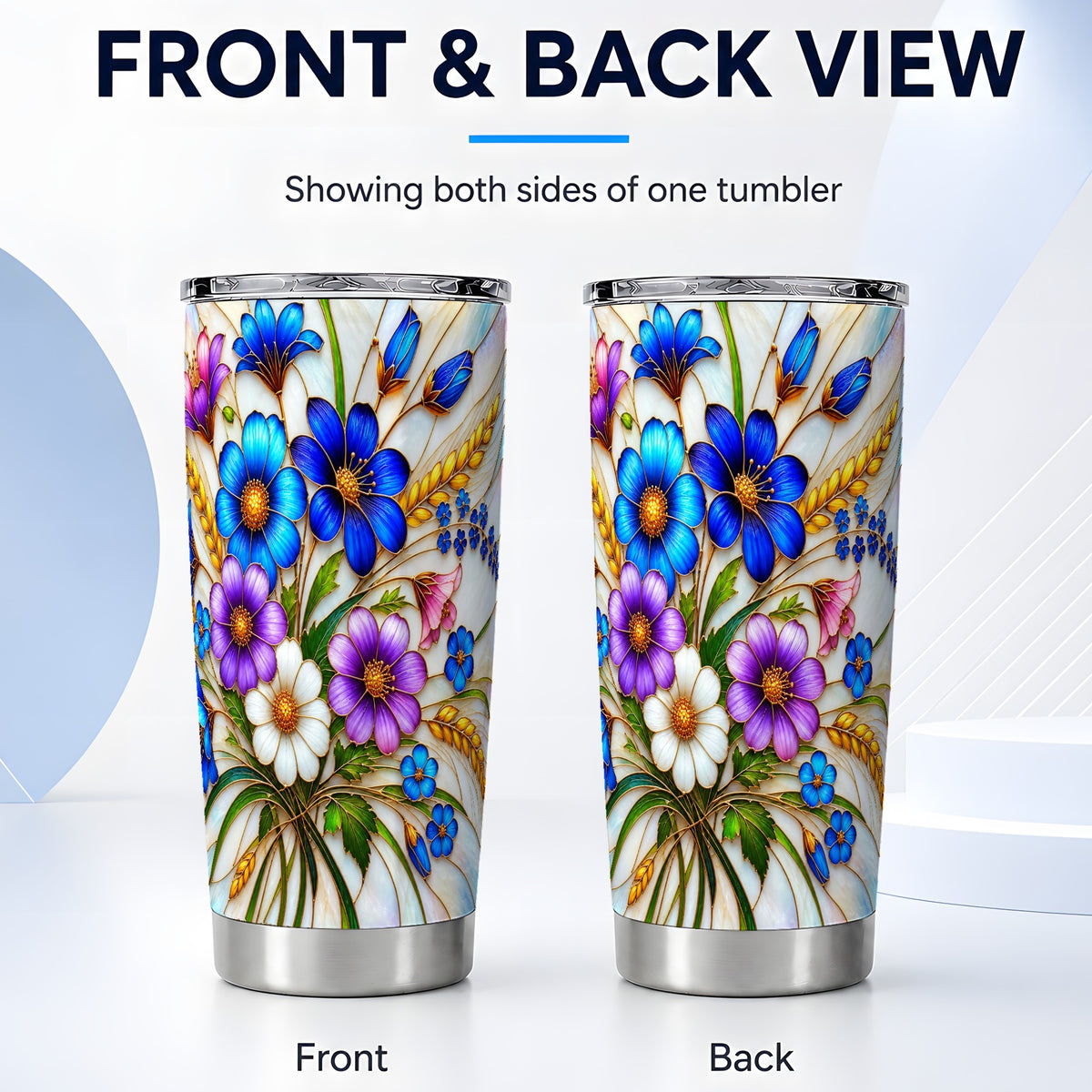 #pl[20oz|Steel] Blue Wildflower Tumbler 20oz, Floral Tumbler, Stainless Steel Travel Cup