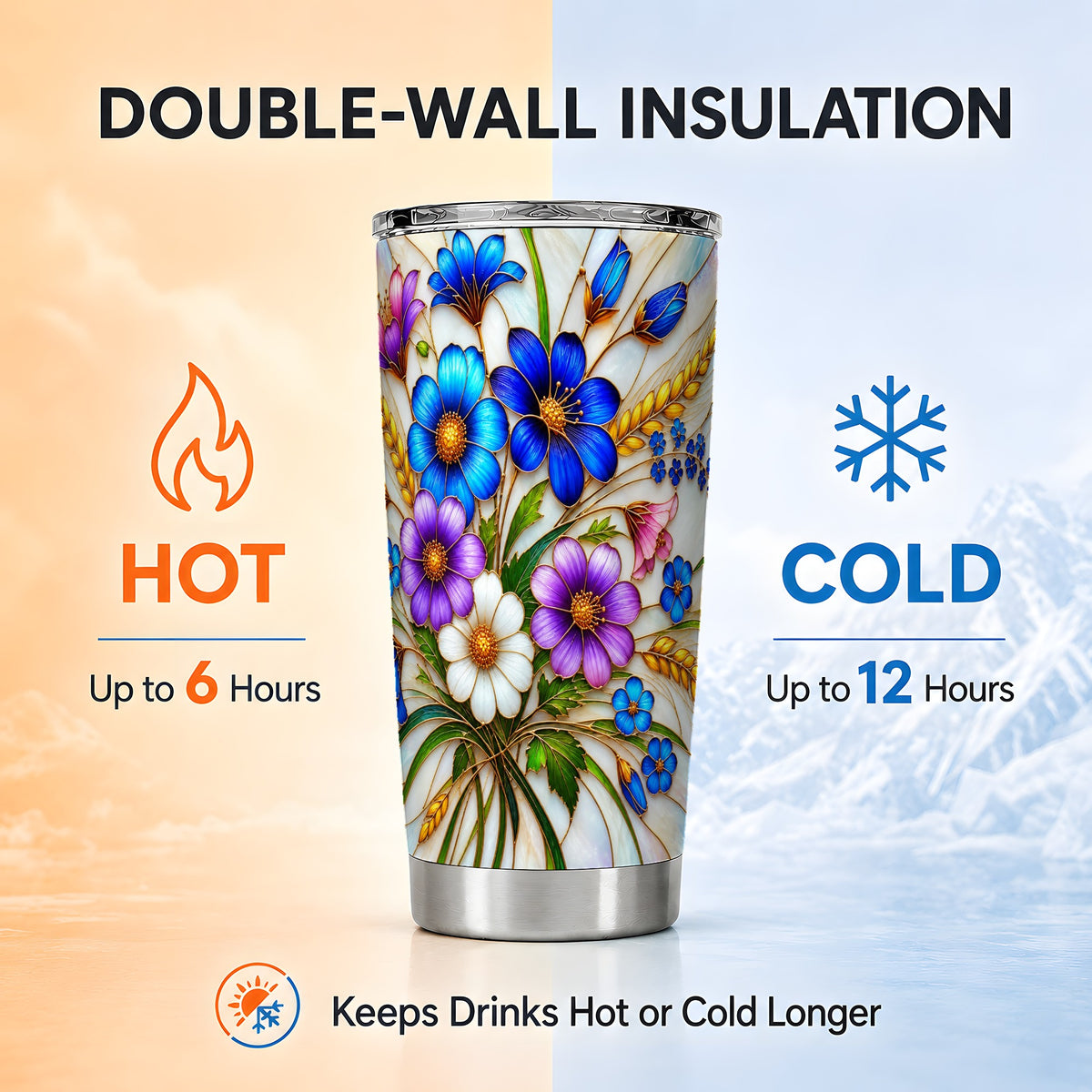 Blue Wildflower Tumbler 20oz, Floral Tumbler, Stainless Steel Travel Cup