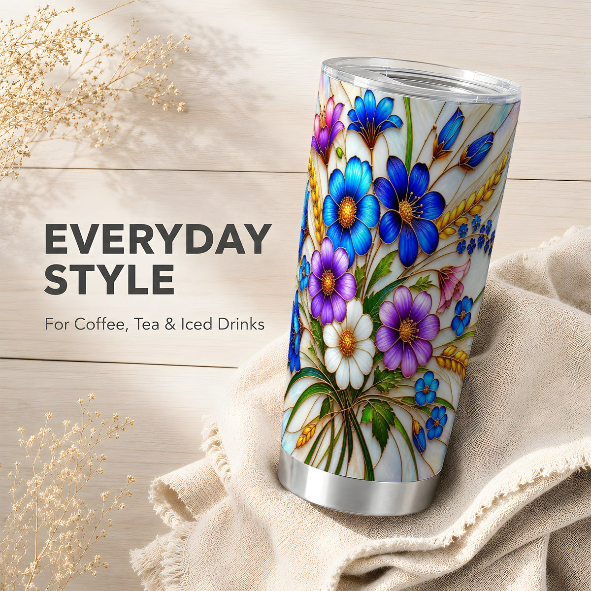 Blue Wildflower Tumbler 20oz, Floral Tumbler, Stainless Steel Travel Cup
