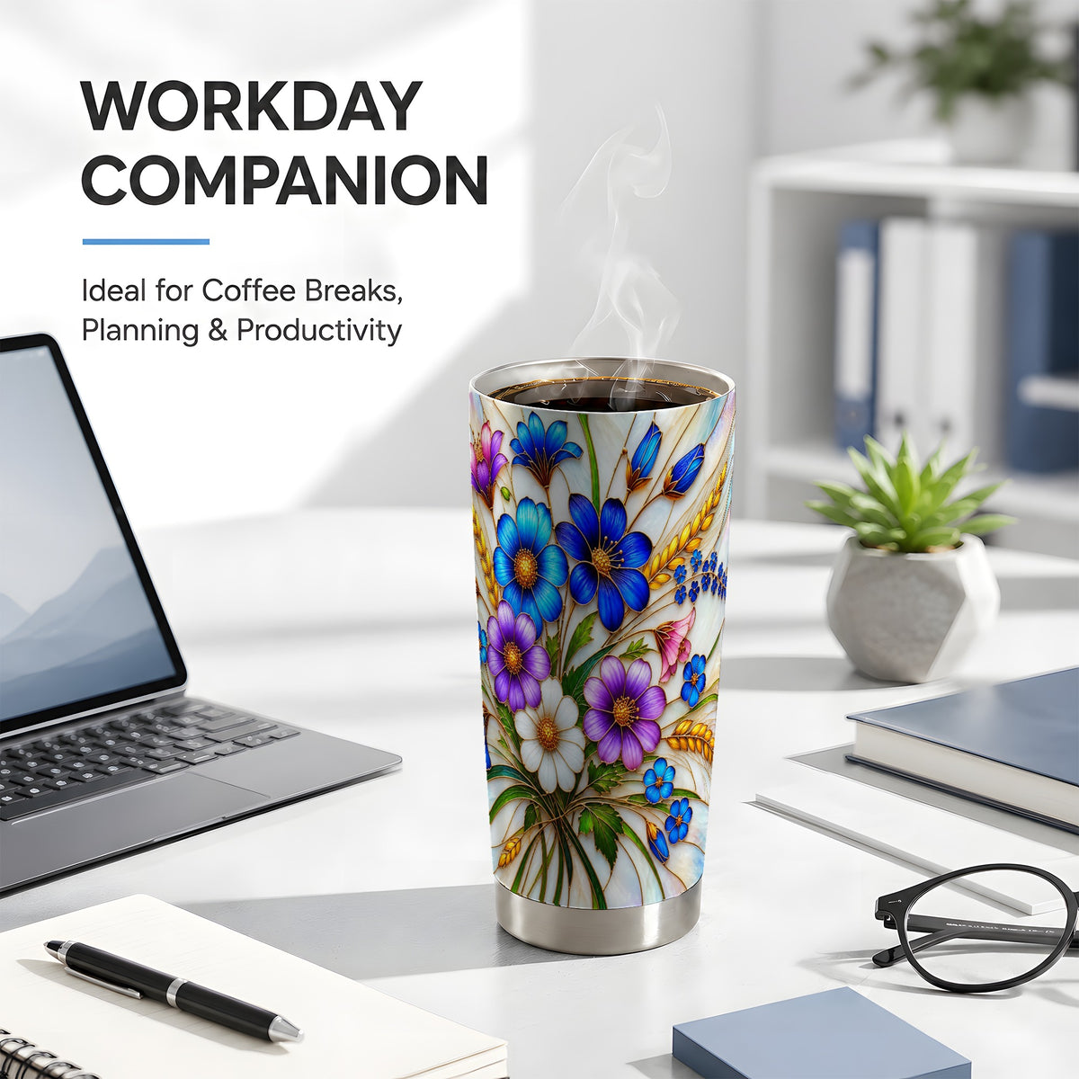 Blue Wildflower Tumbler 20oz, Floral Tumbler, Stainless Steel Travel Cup