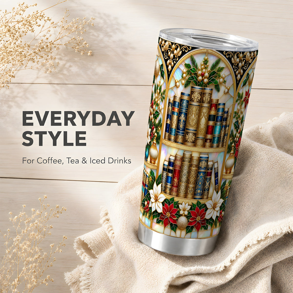 Christmas Library Tumbler 20oz, Book Tumbler, Stainless Steel Travel Cup