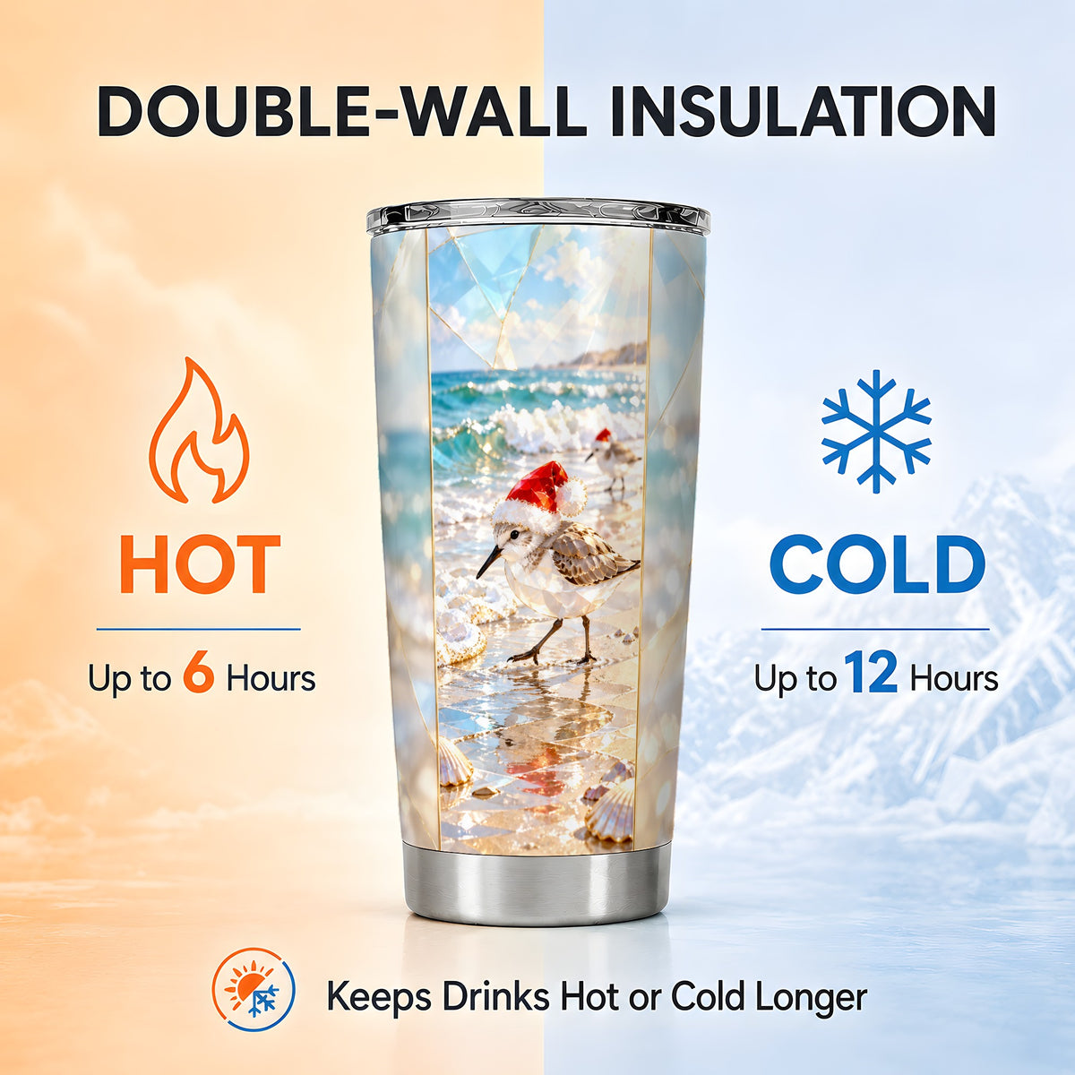 Christmas Shorebird Tumbler 20oz, Beach Tumbler, Stainless Steel Travel Cup