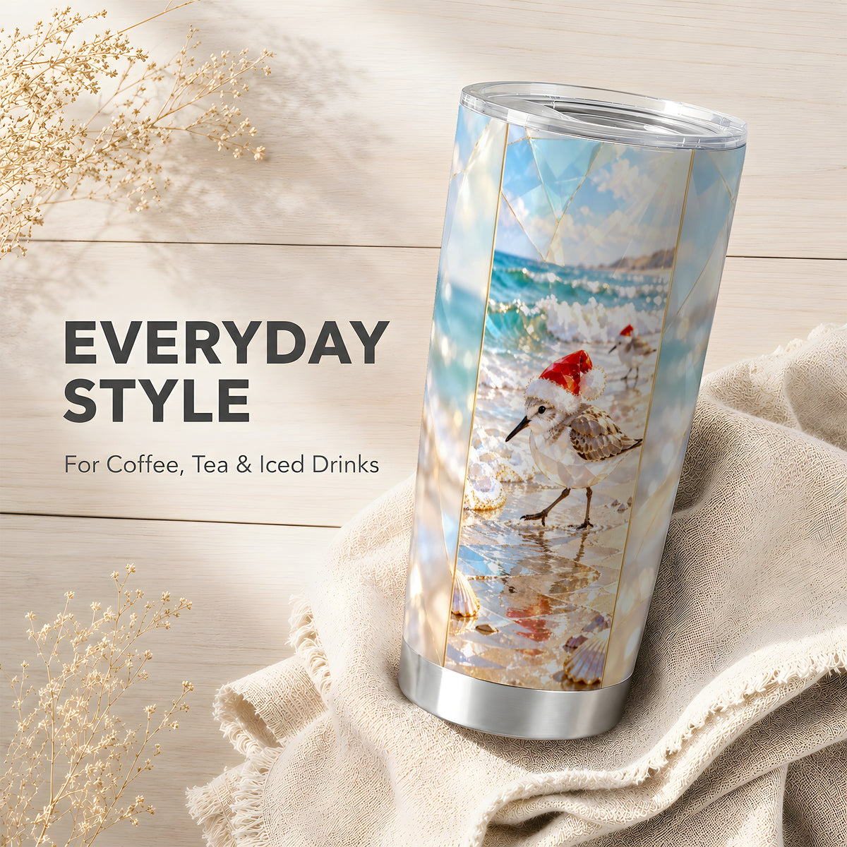 Christmas Shorebird Tumbler 20oz, Beach Tumbler, Stainless Steel Travel Cup