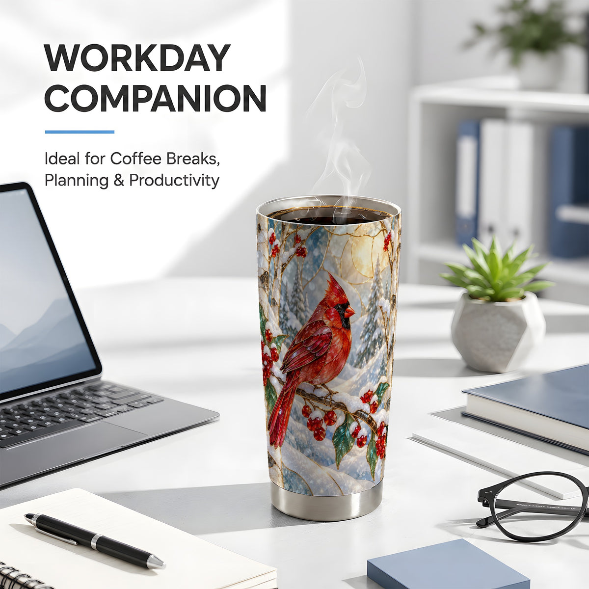 Winter Cardinal Tumbler 20oz, Red Bird Tumbler, Stainless Steel Travel Cup