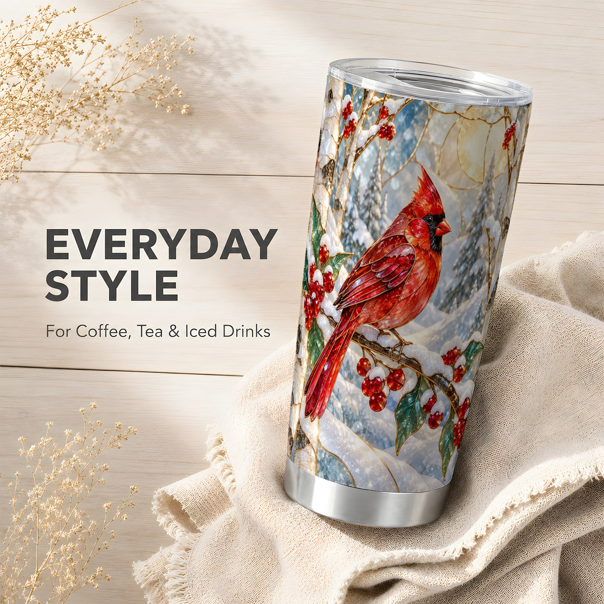 Winter Cardinal Tumbler 20oz, Red Bird Tumbler, Stainless Steel Travel Cup