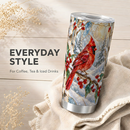 Winter Cardinal Tumbler 20oz, Red Bird Tumbler, Stainless Steel Travel Cup