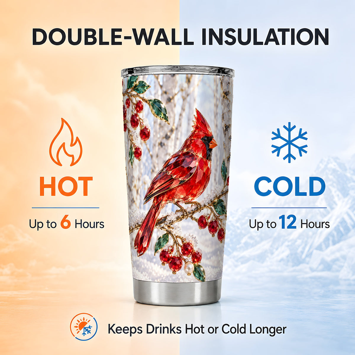 Winter Cardinal Tumbler 20oz, Bird Tumbler, Stainless Steel Travel Cup