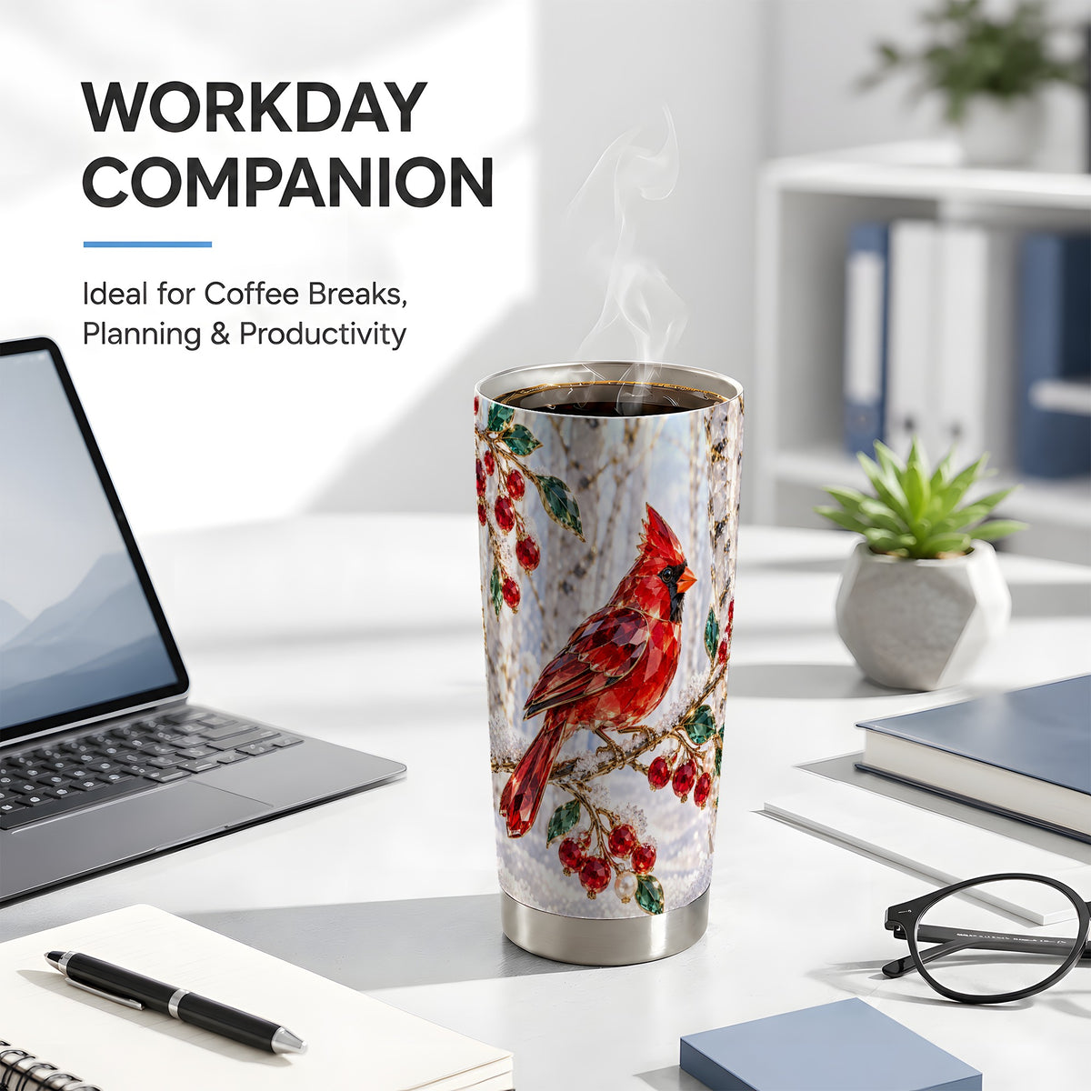 Winter Cardinal Tumbler 20oz, Bird Tumbler, Stainless Steel Travel Cup