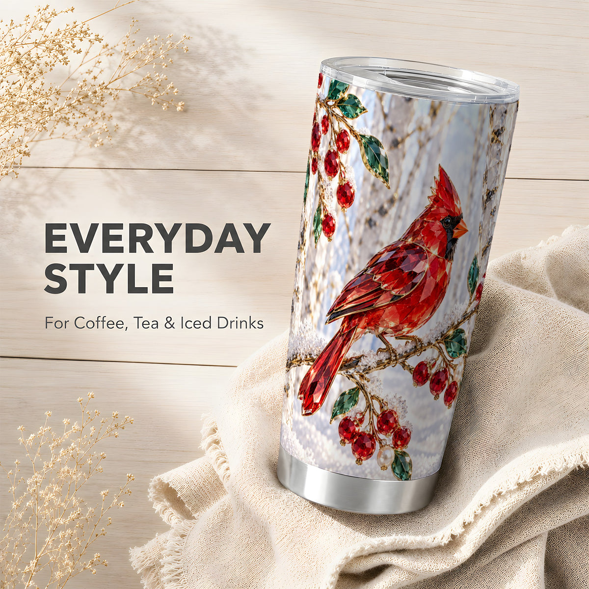 Winter Cardinal Tumbler 20oz, Bird Tumbler, Stainless Steel Travel Cup