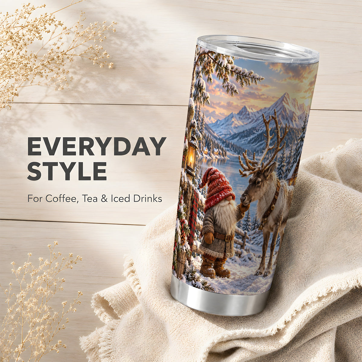Gnome Reindeer Tumbler 20oz, Winter Tumbler, Stainless Steel Travel Cup